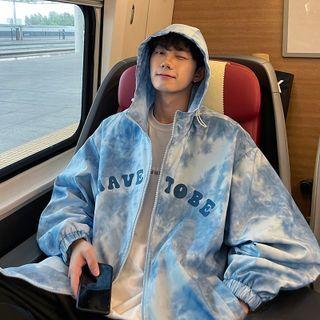 Lettering Tie-dyed Hooded Zip Windbreaker