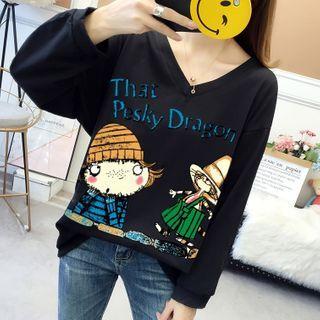 V-neck Cartoon Print Sweatshirt