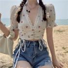 Short-sleeve Cherry Embroidered Drawstring Crop Top