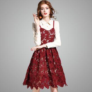 Set: Long-sleeve Mini Shirt Dress + Spaghetti Strap Lace A-line Dress
