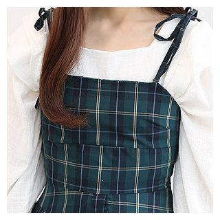 Beribboned Strap Plaid Long Pinafore Dress