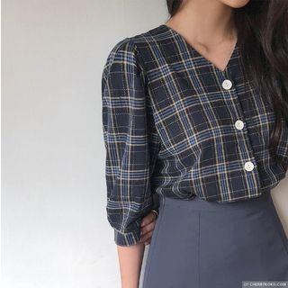 V-neck Puff-sleeve Plaid Blouse Navy Blue - One Size
