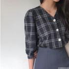 V-neck Puff-sleeve Plaid Blouse Navy Blue - One Size