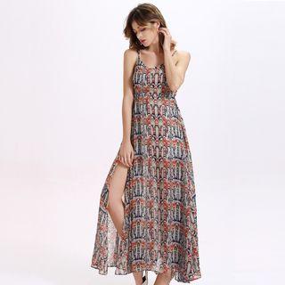 Spaghetti-strap Printed Slit-side Maxi Dress