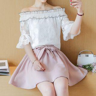 Set: Off Shoulder Lace Top + A-line Skirt