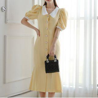Contrast Collar Short-sleeve Ruffle-hem Midi Dress