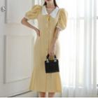 Contrast Collar Short-sleeve Ruffle-hem Midi Dress