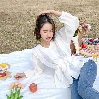 Tie-waist Laced Cotton Blouse White - One Size