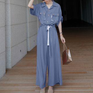 Short Sleeve Plain Tie-waist Wide-leg Jumpsuit