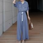 Short Sleeve Plain Tie-waist Wide-leg Jumpsuit