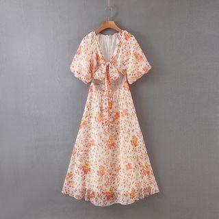 Floral Print Cut-out Short-sleeve Midi A-line Dress