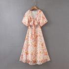 Floral Print Cut-out Short-sleeve Midi A-line Dress