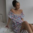 Boatneck Lace-panel Floral Mini Dress