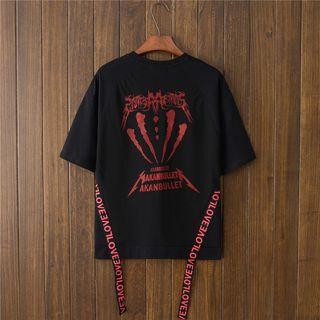 Elbow-sleeve Strap-detail Printed T-shirt
