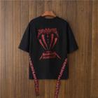 Elbow-sleeve Strap-detail Printed T-shirt
