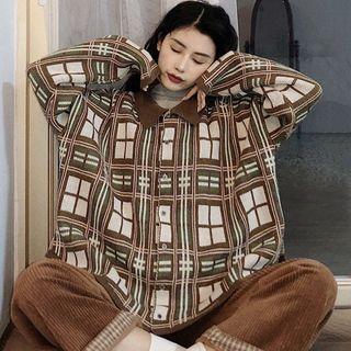 Turtleneck Long-sleeve T-shirt / Collared Plaid Cardigan / Corduroy Wide-leg Pants