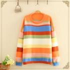 Round-neck Color-block Stripe Over-sized Knitted Sweater