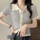 Short-sleeve Striped Ribbed Polo Knit Top Almond & Black - One Size