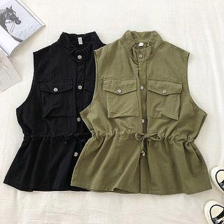 Plain Lace-up Cargo Sleeveless Jacket