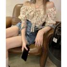 Short-sleeve Floral Print Blouse Bright Orange & Green & Light Orange - One Size