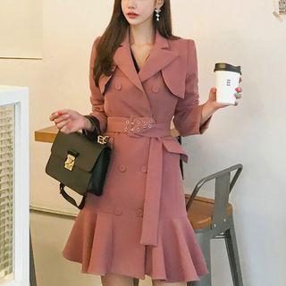 Ruffle-hem Tie-waist Double-breasted Coat
