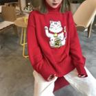 Fortune Cat Embroidered Turtleneck Knit Sweater Red - One Size