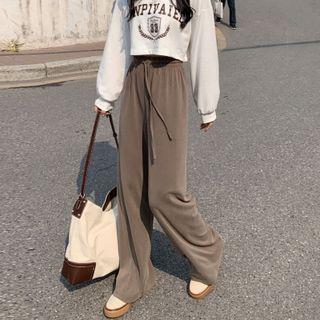 Plain Drawstring Waist Strap Wide-leg Pants