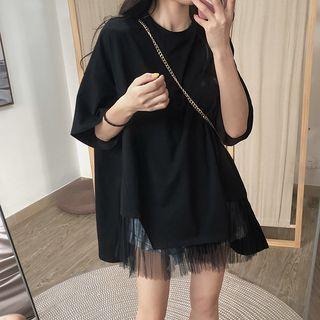 Elbow-sleeve Mesh Paneled T-shirt