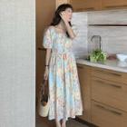 Short-sleeve Floral A-line Maxi Dress Print - Almond & Blue - One Size