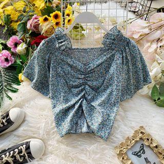 Ruched V-neck Floral Print Chiffon Blouse