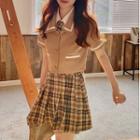 Short-sleeve Blazer / Tie-neck Shirt / Plaid Mini A-line Skirt