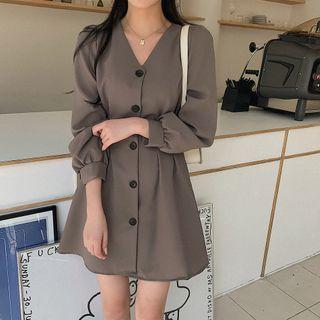V-neck Buttoned Long-sleeve Mini A-line Dress