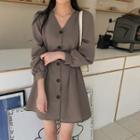 V-neck Buttoned Long-sleeve Mini A-line Dress