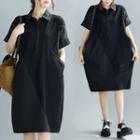 Short-sleeve Paneled Shirtdress Black - One Size