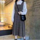 Set: Long-sleeve Frill Trim Blouse + Plaid A-line Midi Pinafore Dress