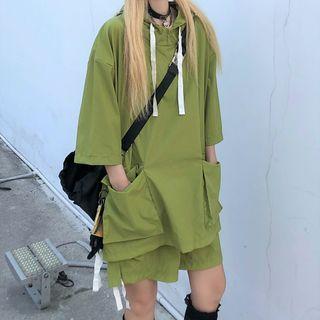 Couple Matching Short Sleeve Cargo Hooded Top / Shorts