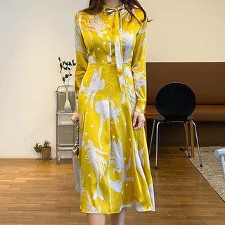 Printed Long-sleeve Tie-neck Midi A-line Dress
