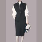 Elbow-sleeve Plain Blouse / Sleeveless Midi Dress