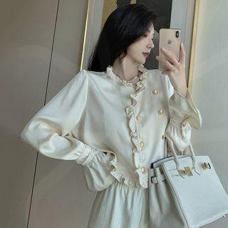 Long-sleeve Double-breasted Cropped Blouse / Wide Leg Pants