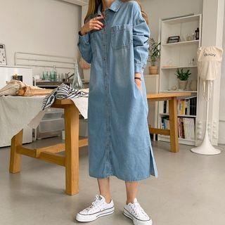 Pocket-front Long Denim Shirtdress