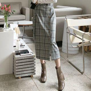 Plaid Long Wrap Skirt With Belt
