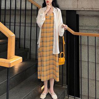 Plaid Sleeveless Midi Shift Dress / Sheer Shirt