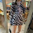 Zebra Cardigan / A-line Skirt Set - Cardigan & Skirt - Zebra Print - Black & Gray - One Size