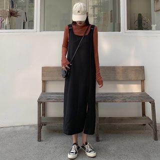 Plain Long-sleeve Knit Top / Side Slit Midi Jumper Dress
