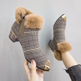 Furry Trim Block-heel Houndstooth Short Boots