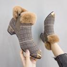 Furry Trim Block-heel Houndstooth Short Boots