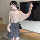 Set: V-neck Sweater + Asymmetric Hem Plaid Fitted Skirt