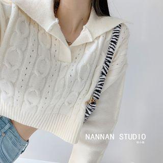 Big-collared Loose-fit Cropped Sweater White - One Size