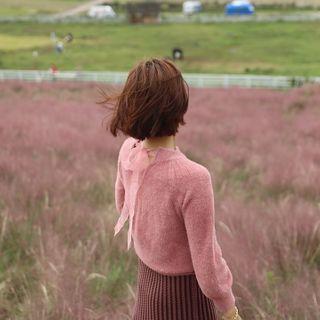 Tie-back Chiffon-trim Furry Knit Top
