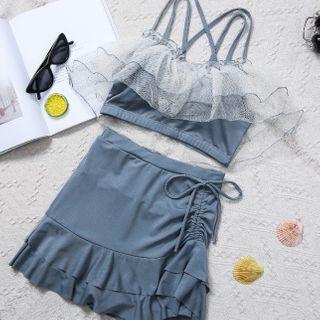 Mesh Ruffle Drawstring Bikini